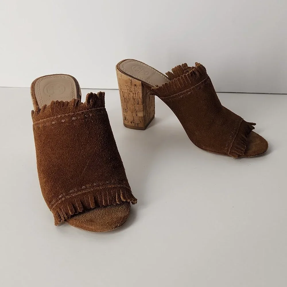 Tory Burch Huntington suede fringe mule sandal cork block heel shoes 5.5 M - Picture 2 of 12